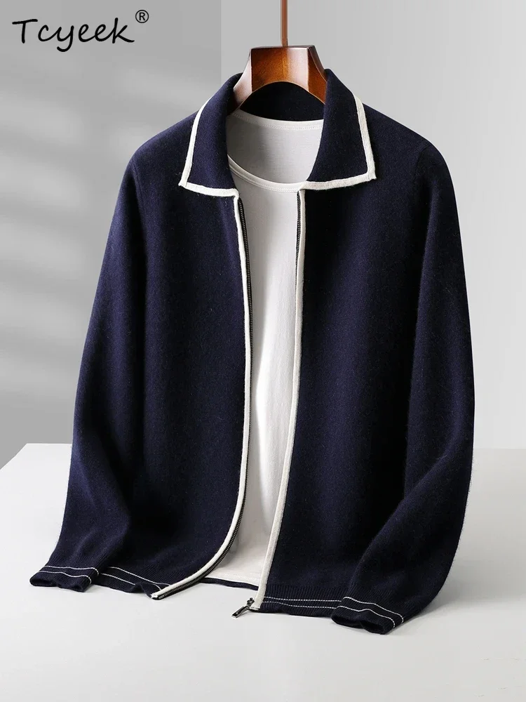 Men's Sweater Polo Collar Coat 100% Merino Wool Cardigan Clothing Autumn Winter Sweater Korean Knit Thick Zip Open Stitch Jacket