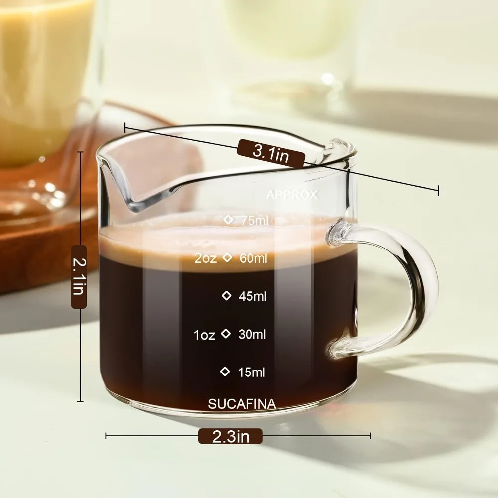 Clear Glass Espresso Cup with Handle 2.5 Ounce Double Spout Barista Measuring Cup for Coffee and Espresso with V-Shaped Mouth Dual Scale Measurement in Ounces and Milliliters Professional Coffee Accessories and Tools for view 6
