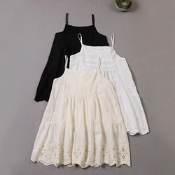 Japanese Sweet Mori Girl Embroidery Hollow Out Spaghetti Strap Dress Women Sleeveless Casual Loose Cotton Mini Dress Underdress