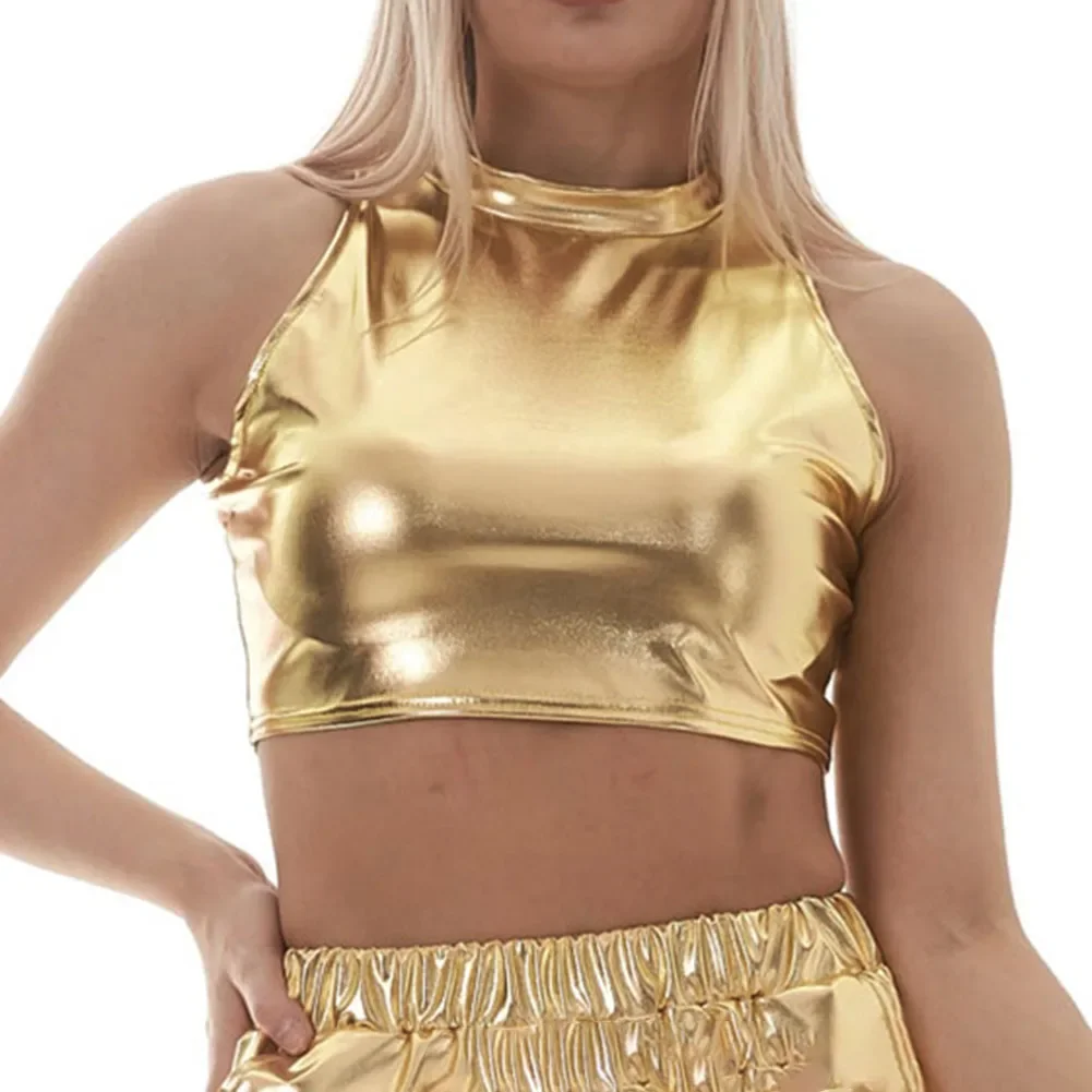 

Lingerie Crop Top Tank Tops Sexy Shiny Slim Solid Color Women Female Clubwear Faux Leather Crop Top Shiny Crop Top