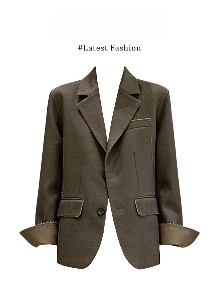 Parkyeon2026 Spring Korean Style Slim Fit Suit Jacket Color Block Frayed Loose Western Clothes Top Women's Fashion
