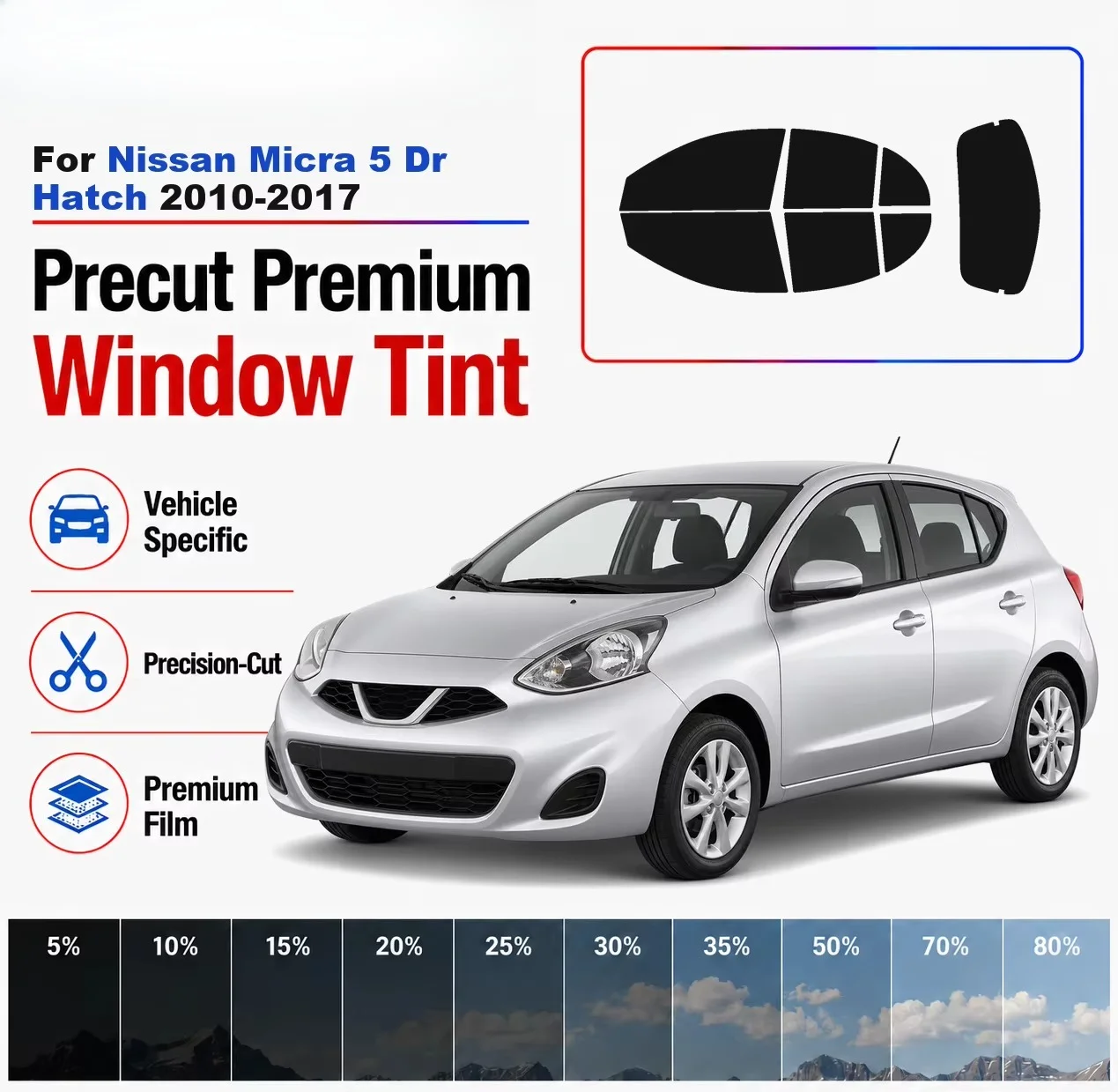 Premium Precut Window Tint Kit Front Windows Rear Windows Rear Windshield For Nissan Micra 5Dr Hatch 2010-2017 Nano Ceramic Film