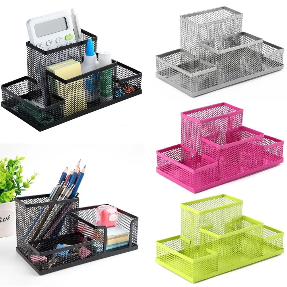 Metal Mesh Pen Holder 3/4 Grids Durable File Storage Rack Office Desk Top Pen Holder Table Organiser Storage Box 4 Colors