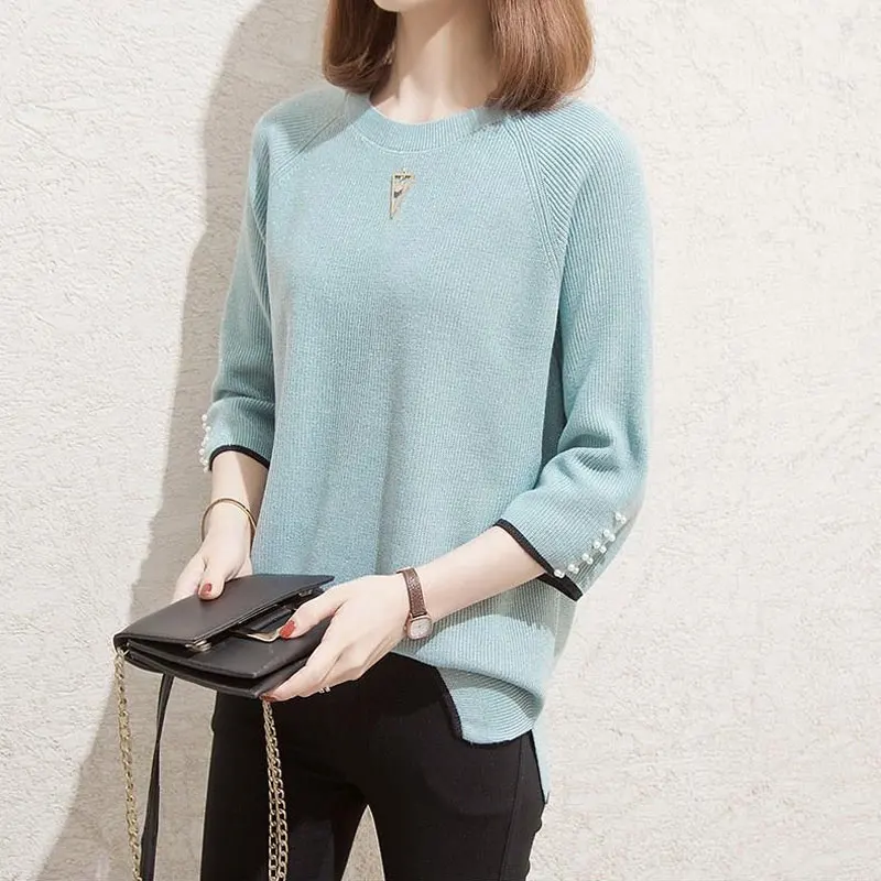 Spring Autumn 3/4 Sleeve Knitted T-shirt Casual Round Neck Female Clothing Solid Color Spliced Basic Fashion Beading Pullovers