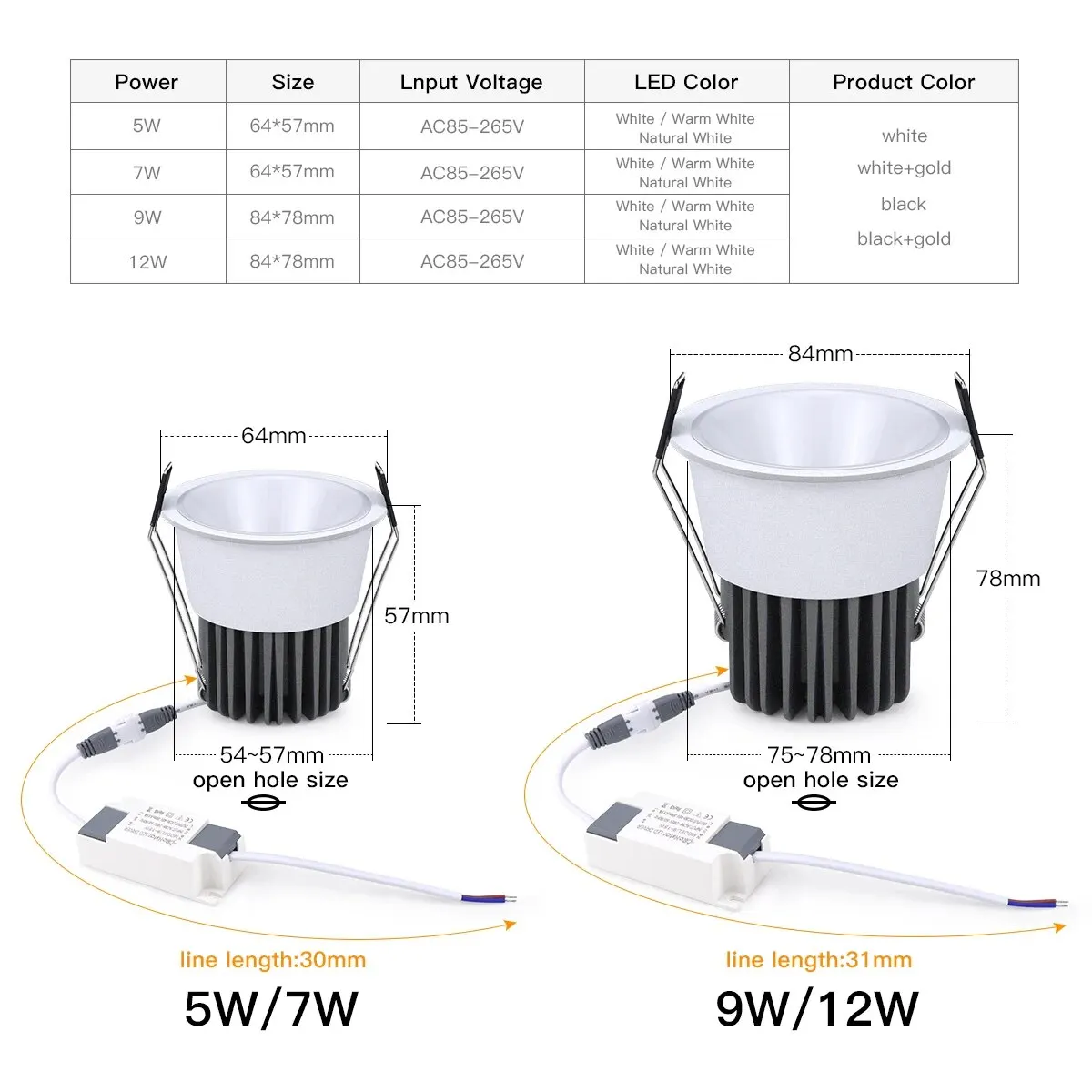 Aluminiowa lampa punktowa LED 5W 7W 9W 12W Żarówka punktowa LED 110V 220V Oprawa wpuszczana typu Downlight Lampa sufitowa Prezentacja Oświetlenie