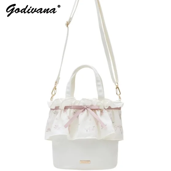 Japanese New French Fairy Embroidered Rose Ribbon Lotus Leaf Lace Tote Handbag Female Sweet Pink Portable Messenger Shoulder Bag