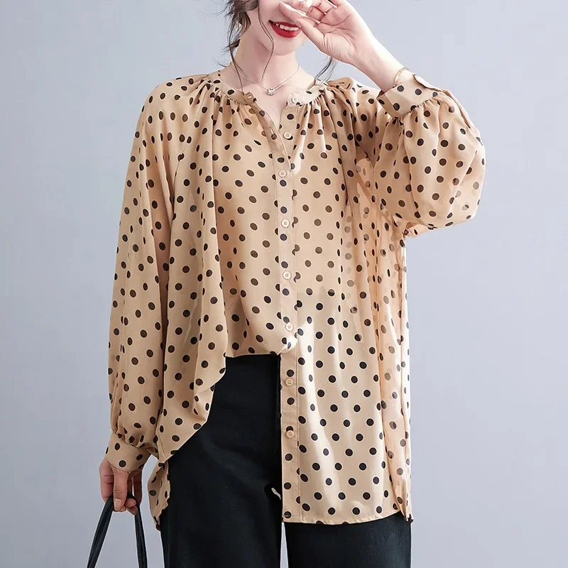 New Fashion Early Summer New Chiffon Polka Dot Shirt Women\'s Long Sleeved Top Comfortable Women\'s Clothing Plus Size