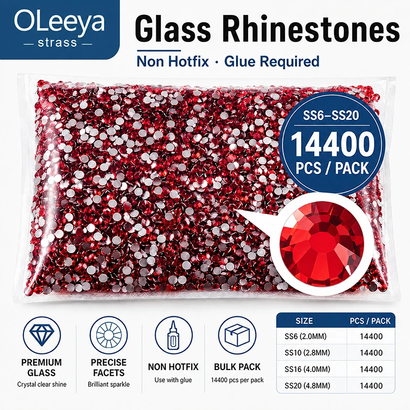 OLeeya 14400Pcs Non Hotfix Glass Rhinestones SS6-SS20 Flatback Crystal Strass Bulk Pack for Nail Art