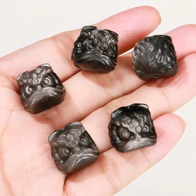Perle en pierre naturelle obsidienne argentée sculptée en forme de tête de lion avec trou, pendentif Brave Wealth pour la fabrication de bijoux, collier et bracelet DIY, 1 pièce