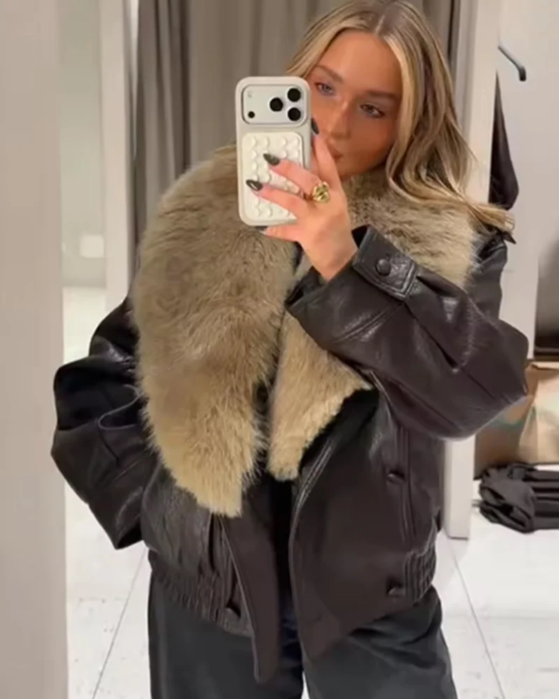 Women's Faux Leather Jacket Fashion Autumn Winter Long Sleeve Detachable Fur Collar Pebble Jacket Motorcycle Style Ladies Jacket