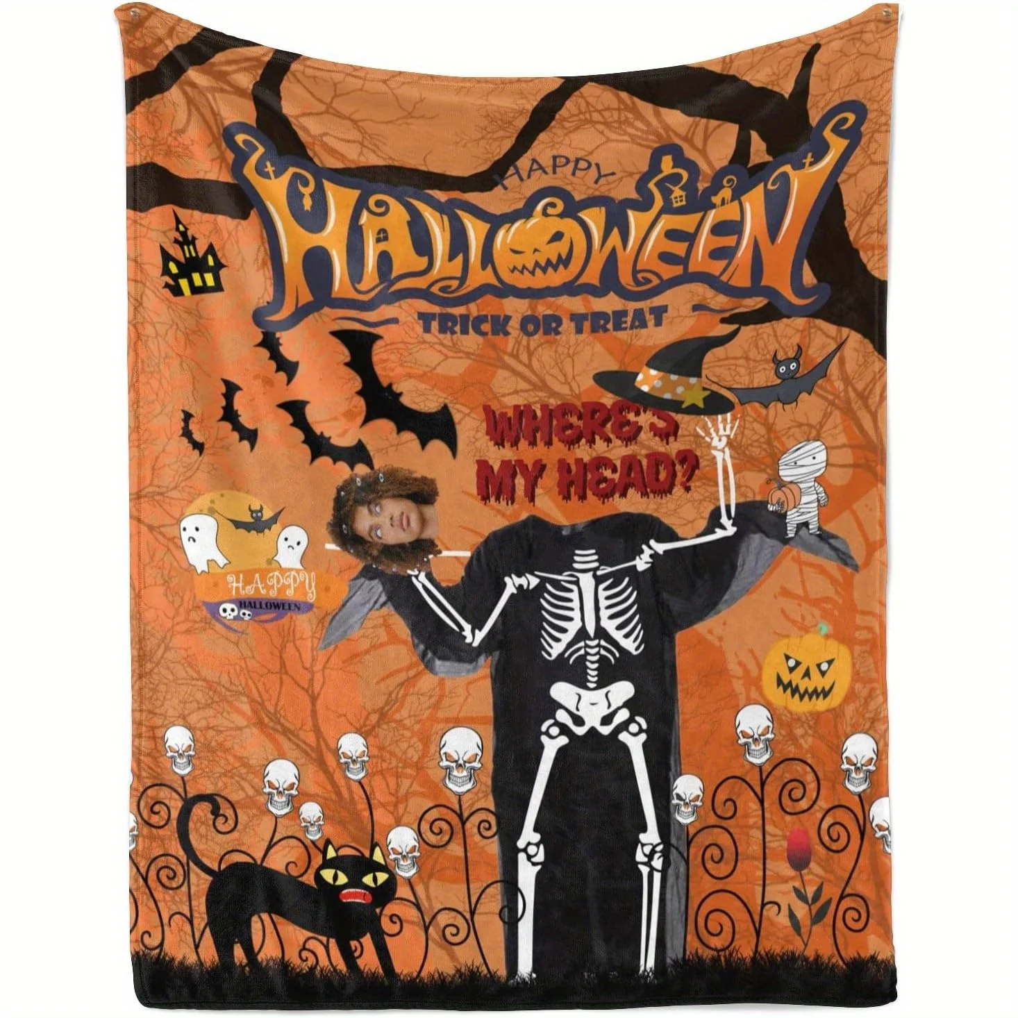 1pc Custom Photo Face Halloween Blanket Personalized Ghost Black Cat Blanket Cute Pumpkin Blanket for Adults Women Men