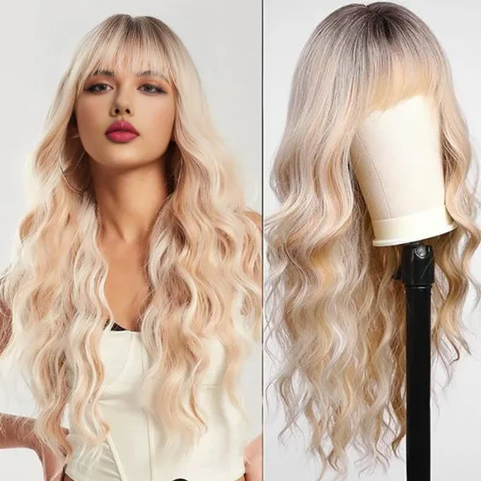

Ladies 26 inches long, beige gradual change curly hair wig elegant heat-resistant synthetic hair natural look mix