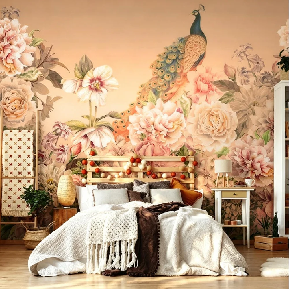 European Vintage Peacock Tree Flower Wallpaper Light golden self-adhesive canvas WallPaper for Living Room Background Decoration