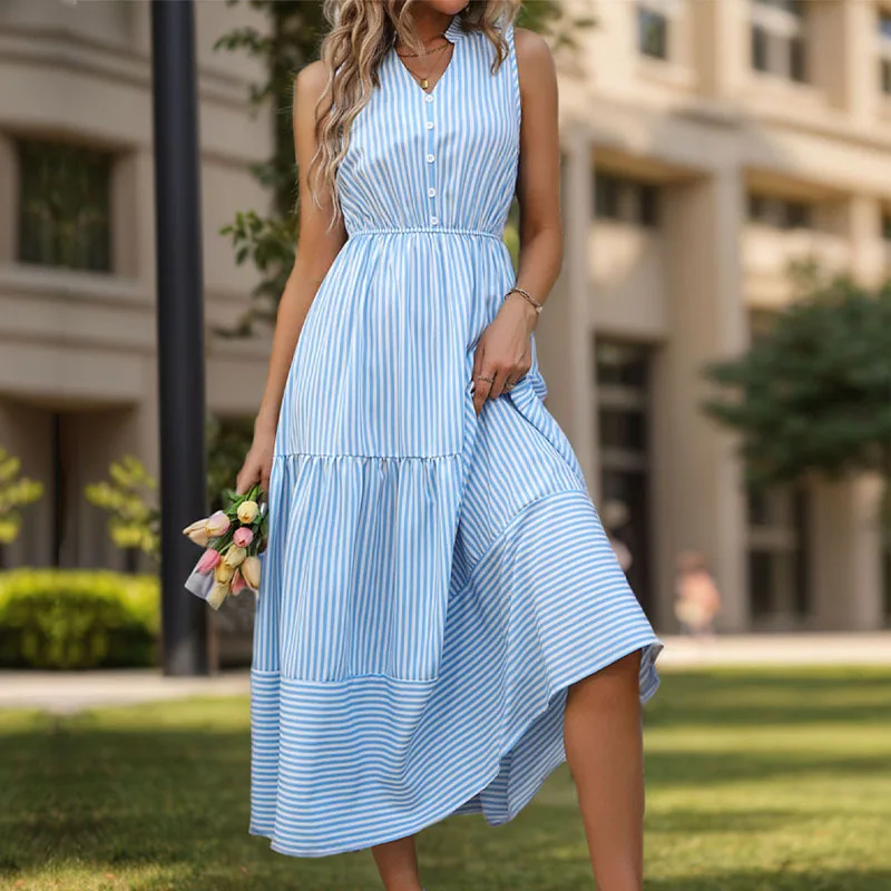 

New Hot Sale2025Summer NewAWord Skirt European and American Women's Clothing Vertical Stripes Sleeveless Stand Collar Dress