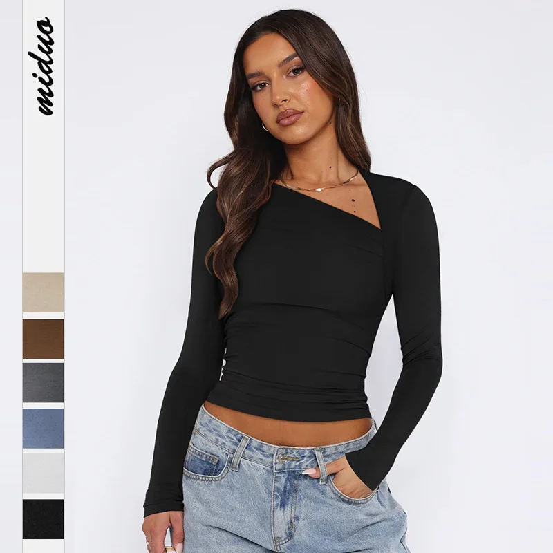 

2025 New Spring Summer Women's Long Sleeve Tops Female Cutout Irregular Collar Slim Bottoming Shirt Lady's Solid Color T Shirt