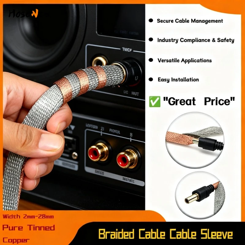 High-Flex Expandable Braided Sleeving 2-28mm Width EMI Shielding & Abrasion Resistant Metal Sheath | Tinned Copper 1-20m Length