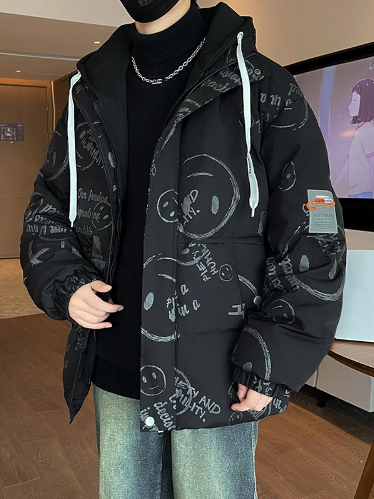 

White Du down Hooded Jaet Men's Warmth Face Smile Pattern Trendy Youth Polyester Fiber Outerwear Winter Season Regular Le...
