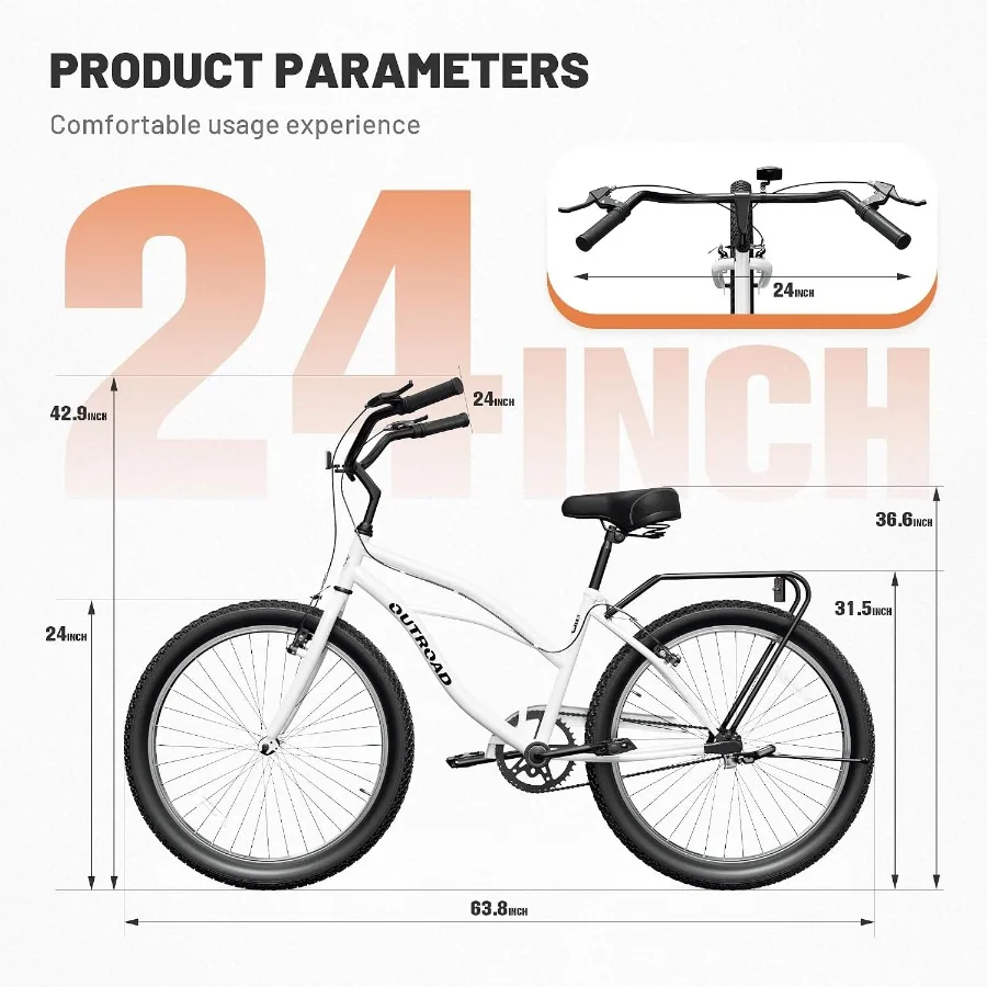 Outroad 24/ Beach Cruiser Bike for Women Single Speed Commuter Bicycle for Adult Men and Women, High-Carbon Steel, V-Brakes Com