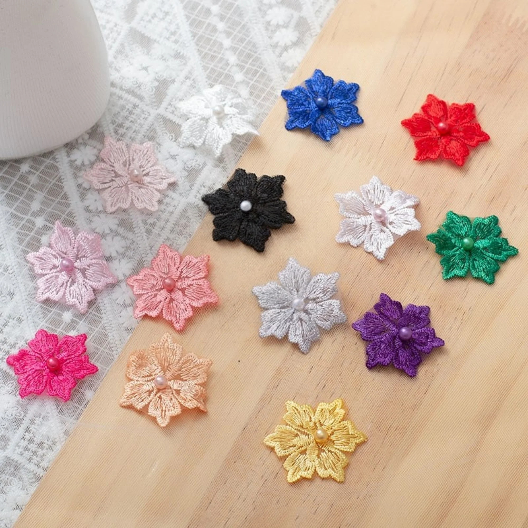3 Pcs/lot 4.5cm Quality Single-layer Color Beaded Flower Organza Lace Patch Sticker