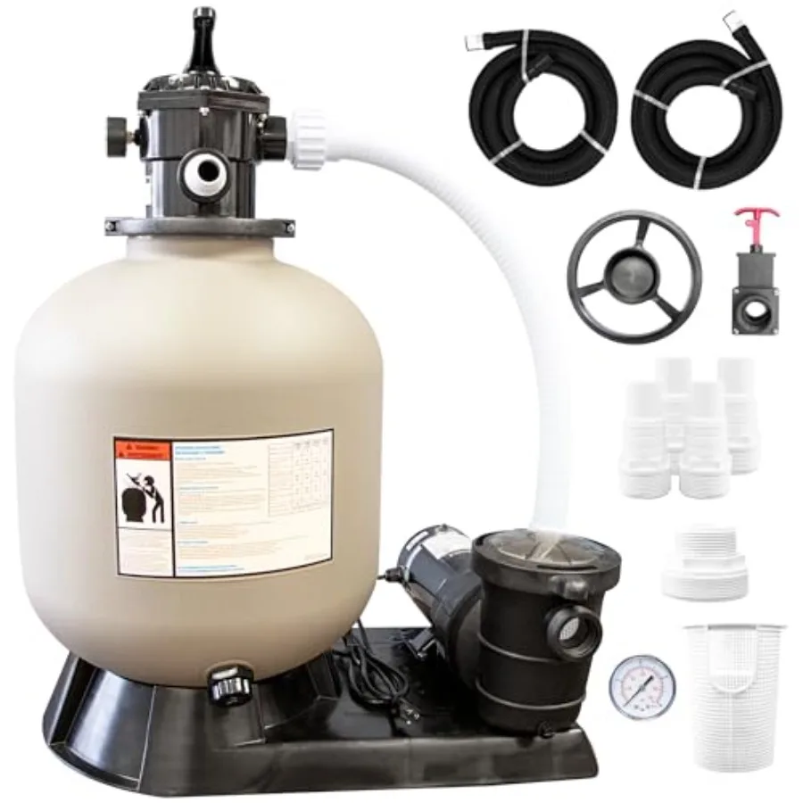 Above Ground Inground Pool sand filter pump, polypropylene body, gray, 22-inch dual-speed 1 HP with 5280 GPH flow and 7-way val