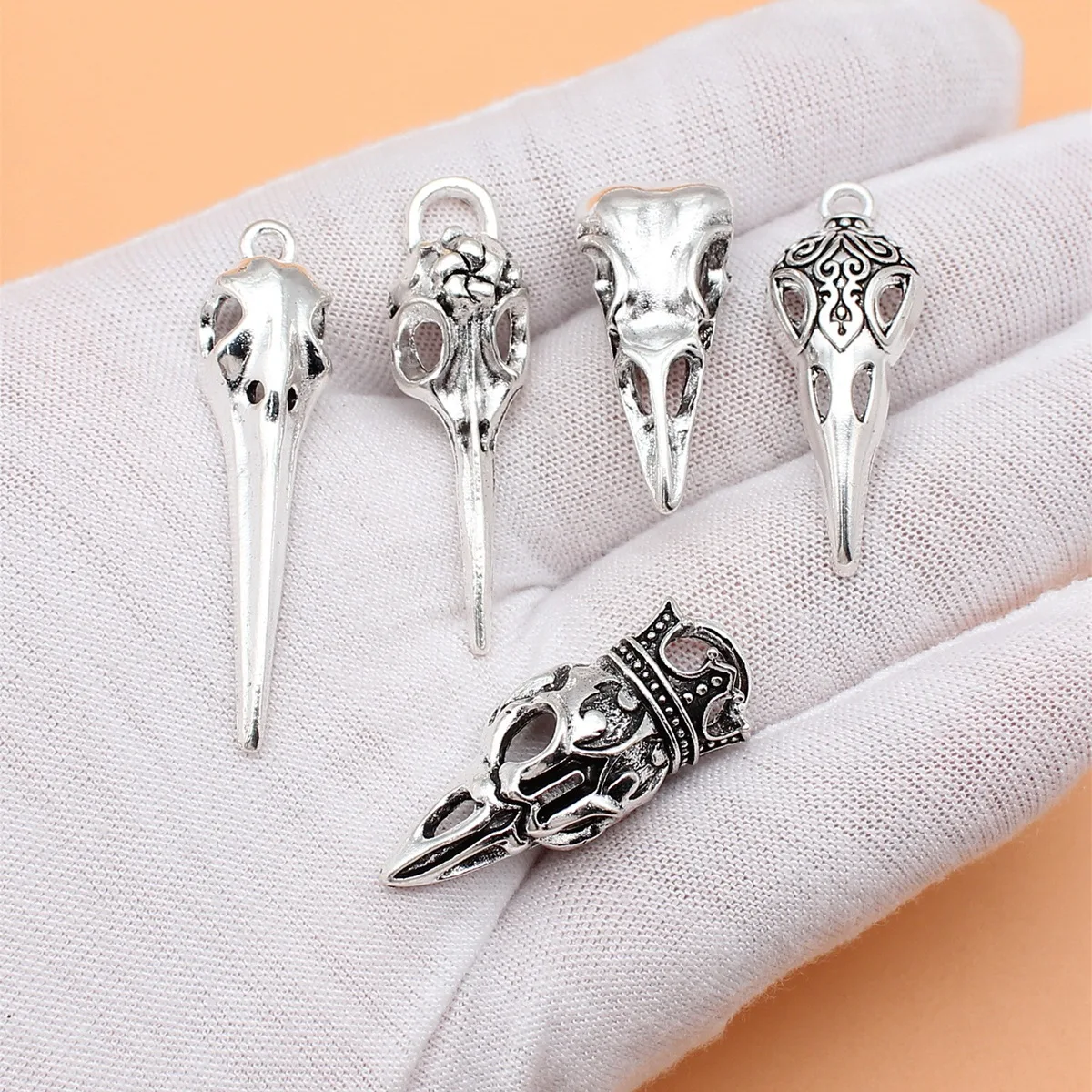 5pcs Antique Silver Color Skull Beak Charms Collection For DIY Jewelry Making, 5 Styles, 1 of Each