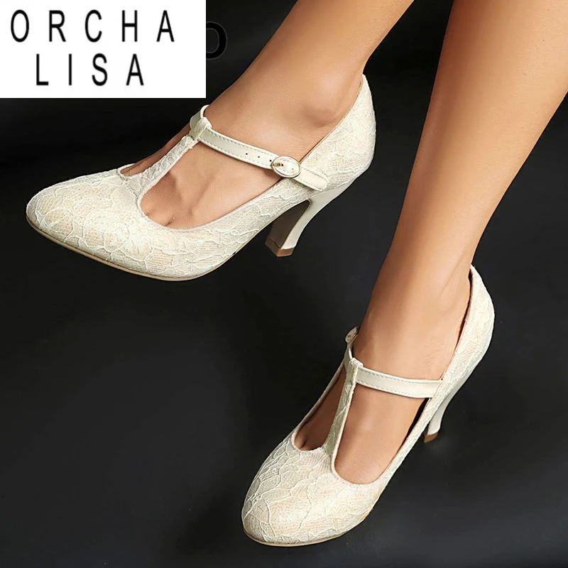 ORCHA LISA Design Fashion Women Pumps Round Toe Chunky Heels 8cm Buckle T-Strap Large Size 41 42 43 Breathable Mesh Retro Shoes