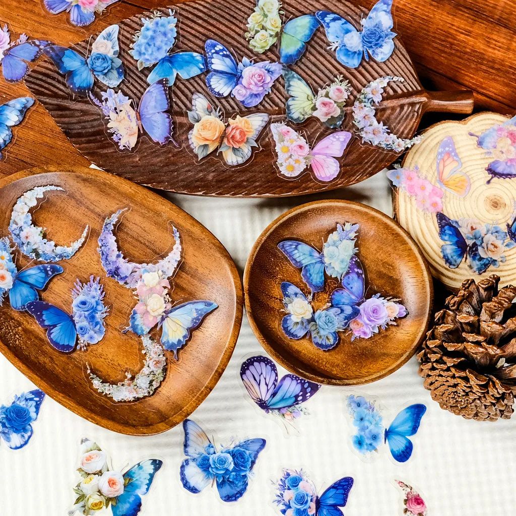 56Pcs Blue Butterfly Flower Transparent PET Stickers - Artistic Scenery-Creating Creative Decorative Decals Anime Worlds Store