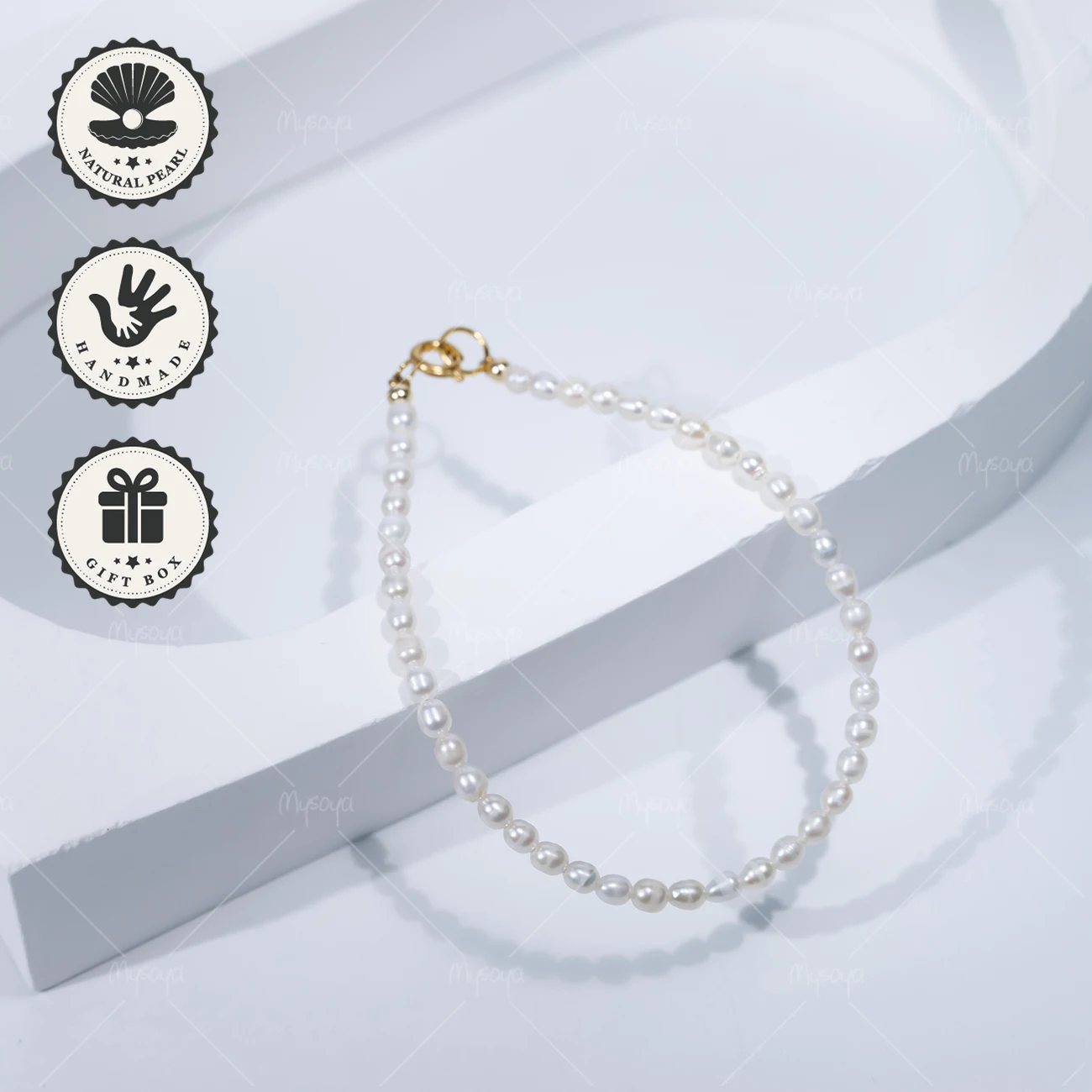 

MYSOYA 3-4mm White Freshwater Pearl Bracelet with Golden Bubble Clasp, Birthday Gift, Valentine’s Day, Anniversary Gift