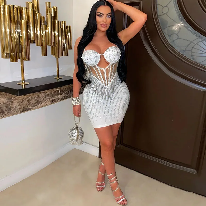 Vestido de cumpleaños con diamantes y perlas brillantes para mujer, vestidos cortos para fiesta de graduación con tirantes finos y espalda descubierta de malla transparente con parches