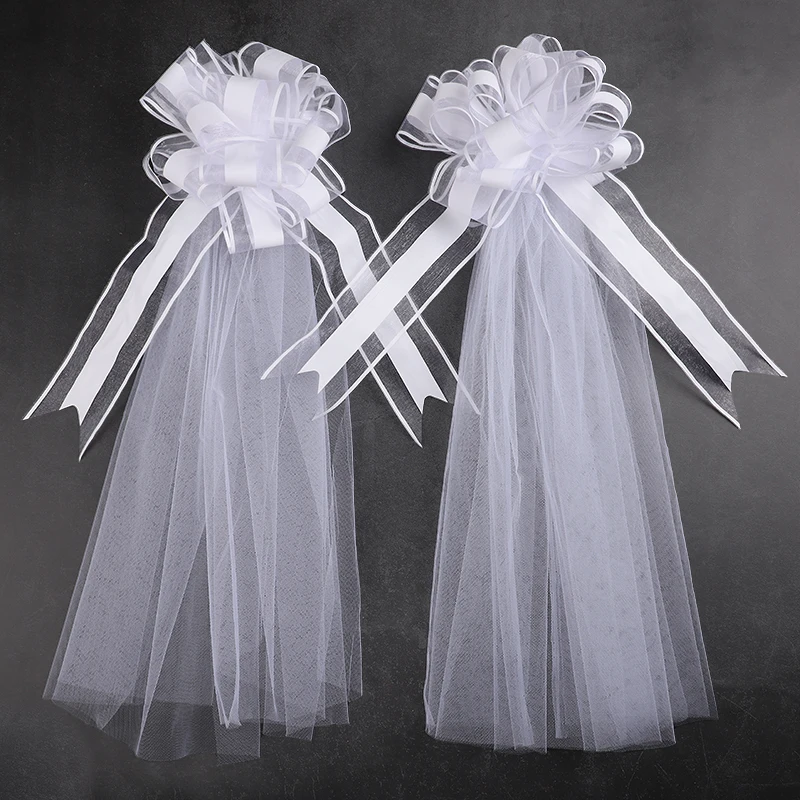Large White Wedding Bows With Long Tulle Tails For Wedding Church Chair Aisle Decor Wedding Car Decoration Party Decoration view 2