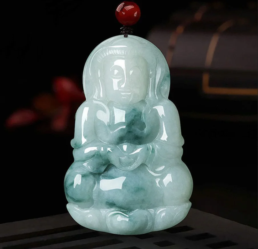 

Ювелирные изделия из натурального нефрита A + жадеита, плавающий синий цветок, подвеска Бодхисаттвы Гуаньинь для мужчин