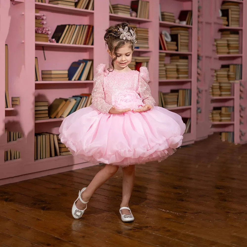 

Pink Floral Flower Girl Dresses for Wedding Sequins Beaded Baby Girl Birthday Party Gowns First Communion Gowns Customized