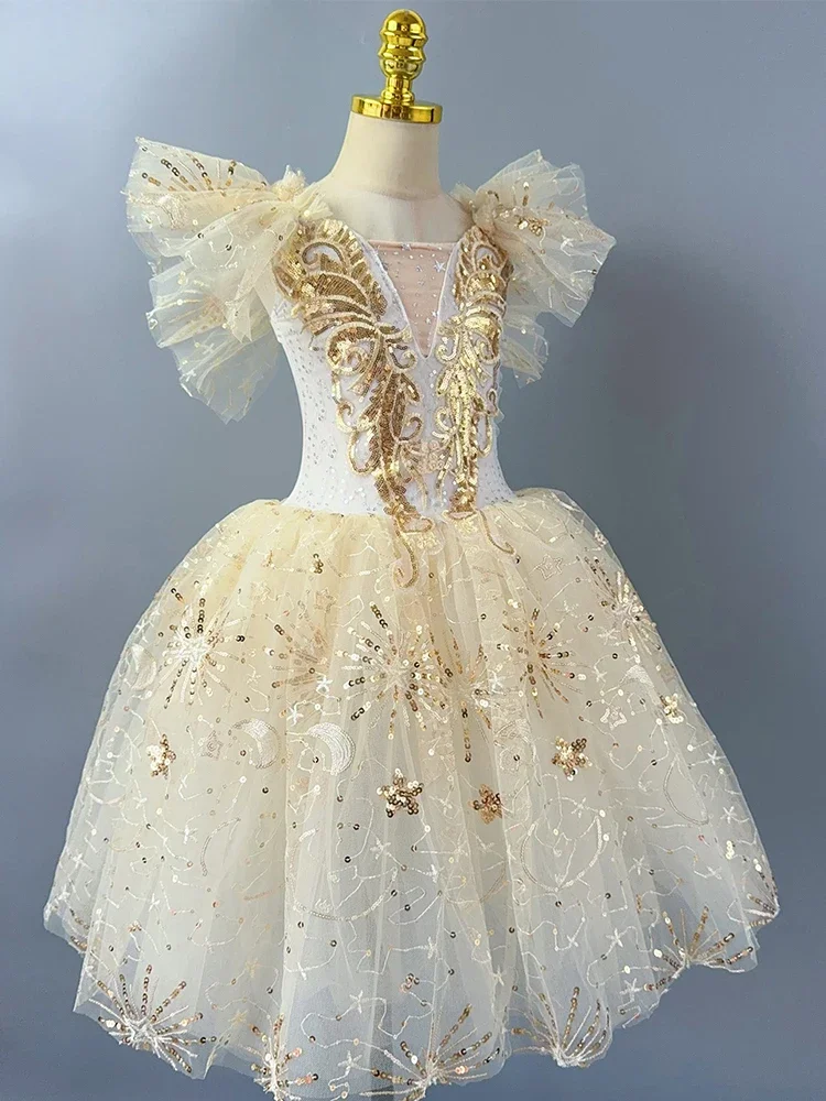 Abito lungo da balletto per bambini, per ragazze, pizzo beige, cigno, paillettes, abito da principessa, per adulti, donna, danza moderna, costume da spettacolo teatrale