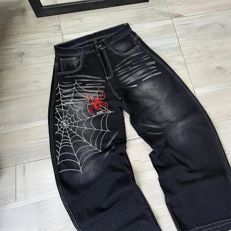 Y2K Fashion Casual Jeans Retro Spinnenweb Afdrukken Zwart Losse Wijde Pijpen Verontruste Jeans Hip Hop Mannen Vrouwen Punk Rock Streetwear
