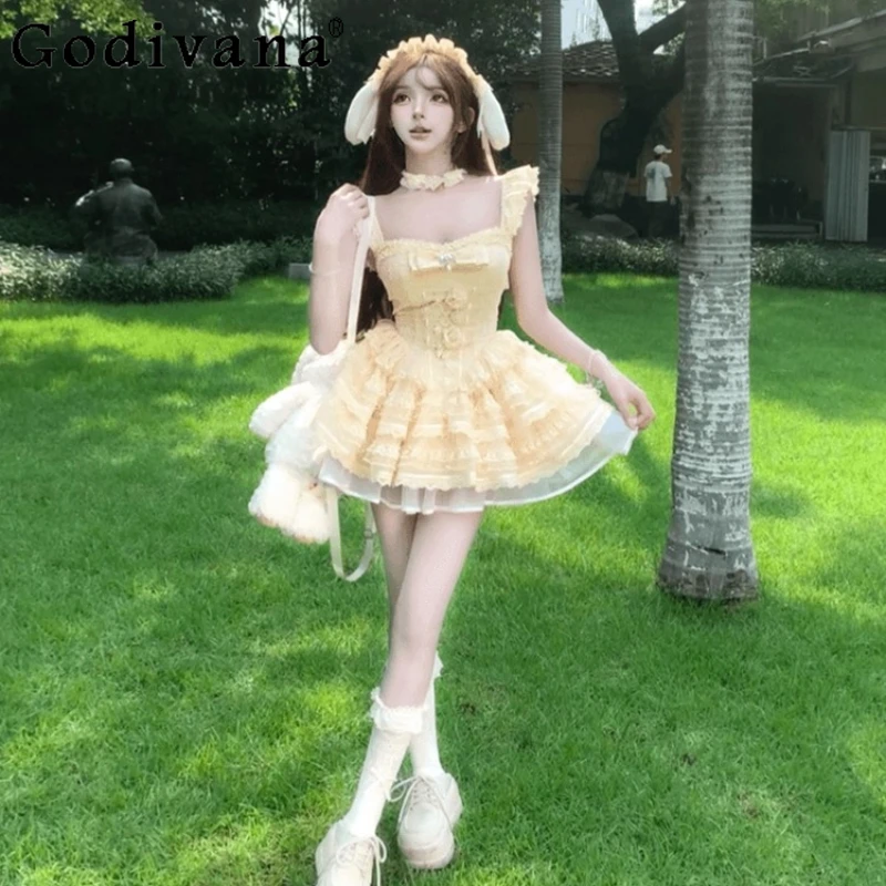 Doce bowknot vestido de pescoço quadrado para mulheres estilo japonês manga voadora com vestido de renda feminino verão princesa vestido bonito