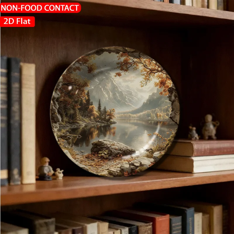 1pc Retro Golden Ceramic Plate - Elegant Circular Mountain Landscape Plate Suitable for Home Desk Decor, Non-Food Contact