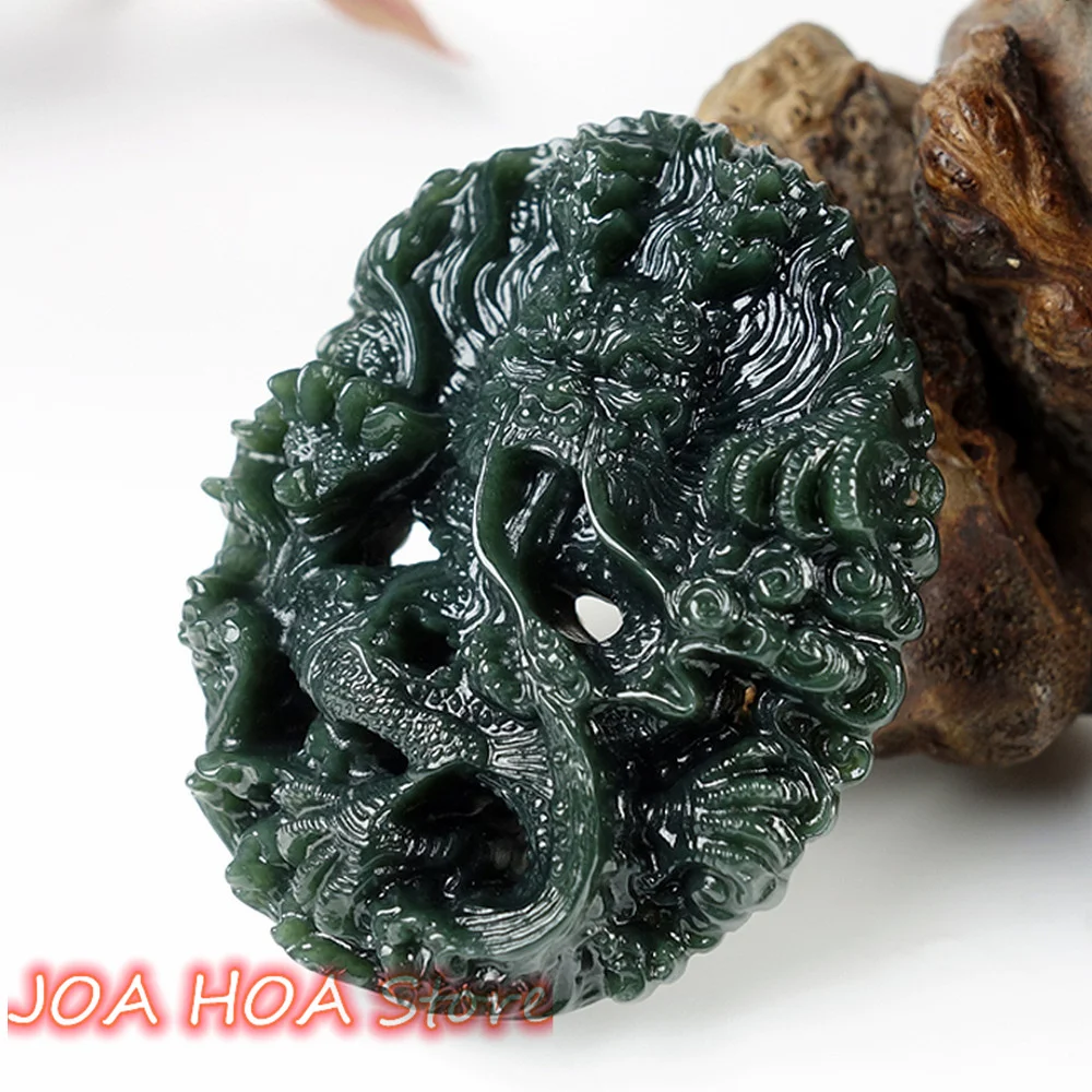 

New Natural Hetian Qing Jade Brand Pendant Men's Dragon Double-Sided Hand-carved Hollow Antique Necklace Jewelry