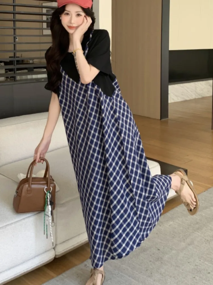 Nep tweedelige plus size zomer damesjurken satijn patchwork print vestidos vakantiestijl T-shirt vrouw jurk vrouwelijke kleding