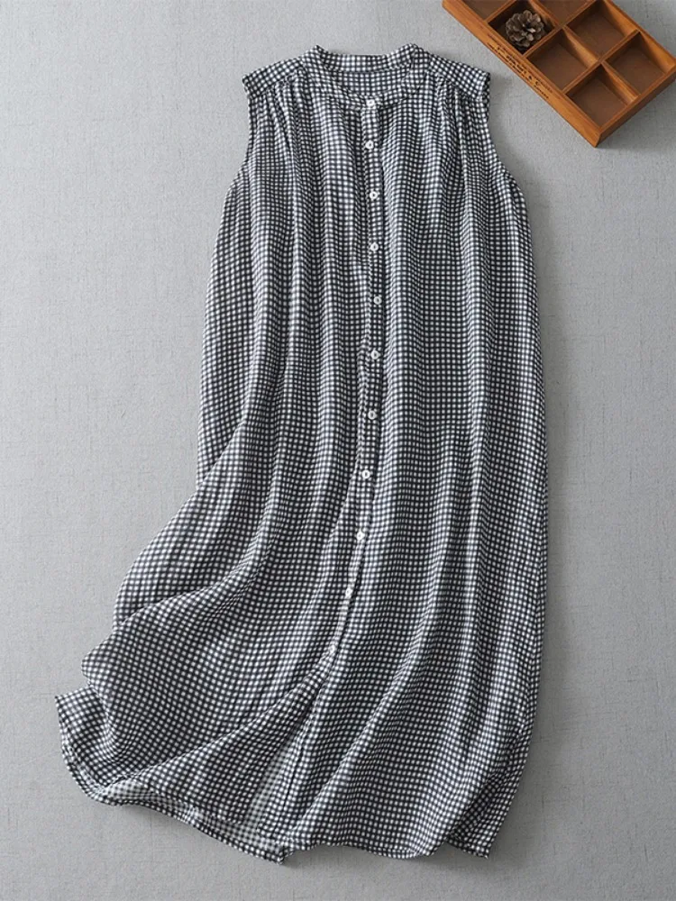 Casual Cotton Linen Vest Dr Women Summer Slimming Loose Age-defng Svel irt Dr Thin Floral Stand Collar Mid-le...