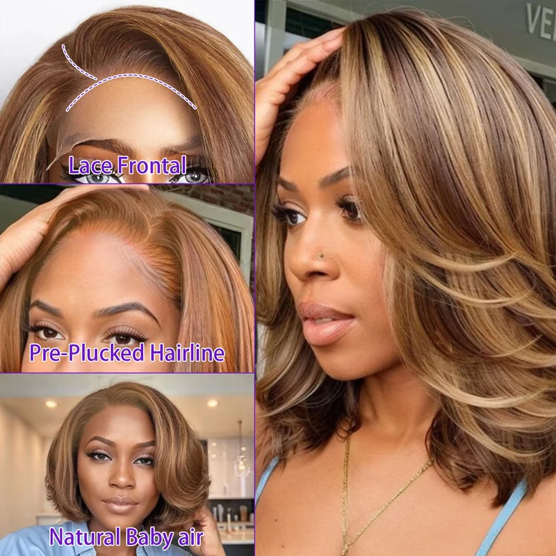 Honigblonde Highlight Bouncy Short Bob Loose Wave Glueless Closure Perücken 5x4 Body Wave Front Lace Wig Brasilianisches 100 % Echthaar