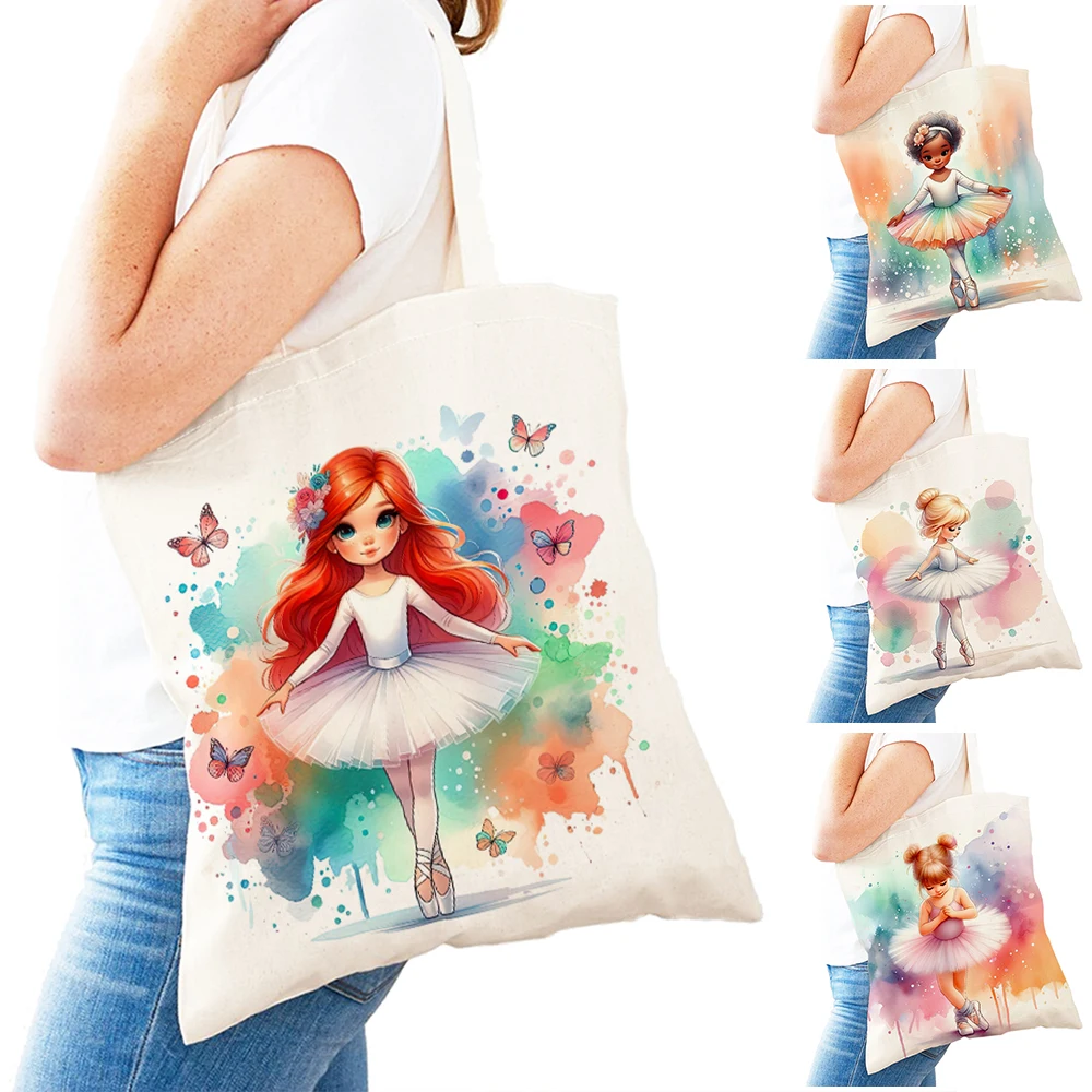 

Ballerina Women Shopper Bag Double Print Shopping Bags Casual Cute Cartoon Ballet Girl Tote Lady Shoulder Handbag Children Gift