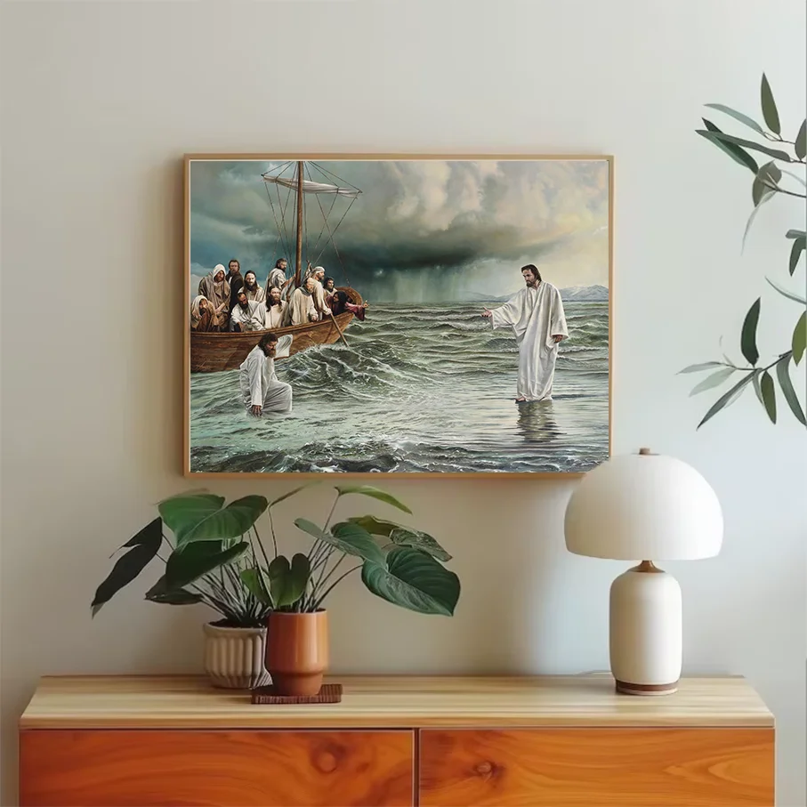 Jesus Walking On Water Canvas Print Wall Art Religious Bible Disciples Boat Stormy Sea Christian Living Room Decor