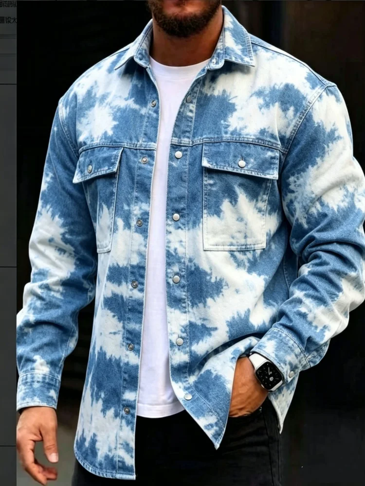 Men's Blue White Cloud Tie Dye Fake Denim Long Sleeve Shirt Lapel Button Down Double Chest Pocket Casual Street Top