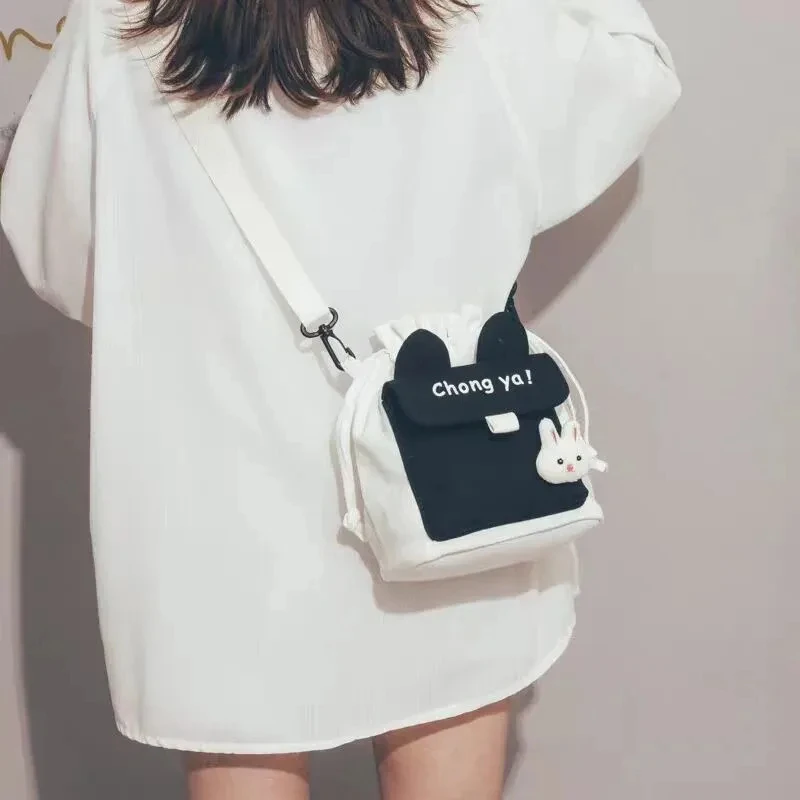 Popular Women\'s Bags New Canvas Bags Korean Fashion Shoulder Bag Drawstring Students Girl Cotton Crossbody Bags for Women