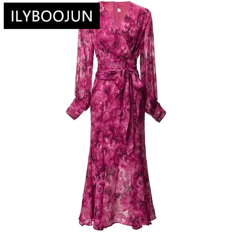 

ILYBOOJUN Fashion Designer Women's New V-Neck Jacquard Lace-Up Slim-Fit Elegant Printed Vintage Rose Red Hip Wrap MIDI Dress