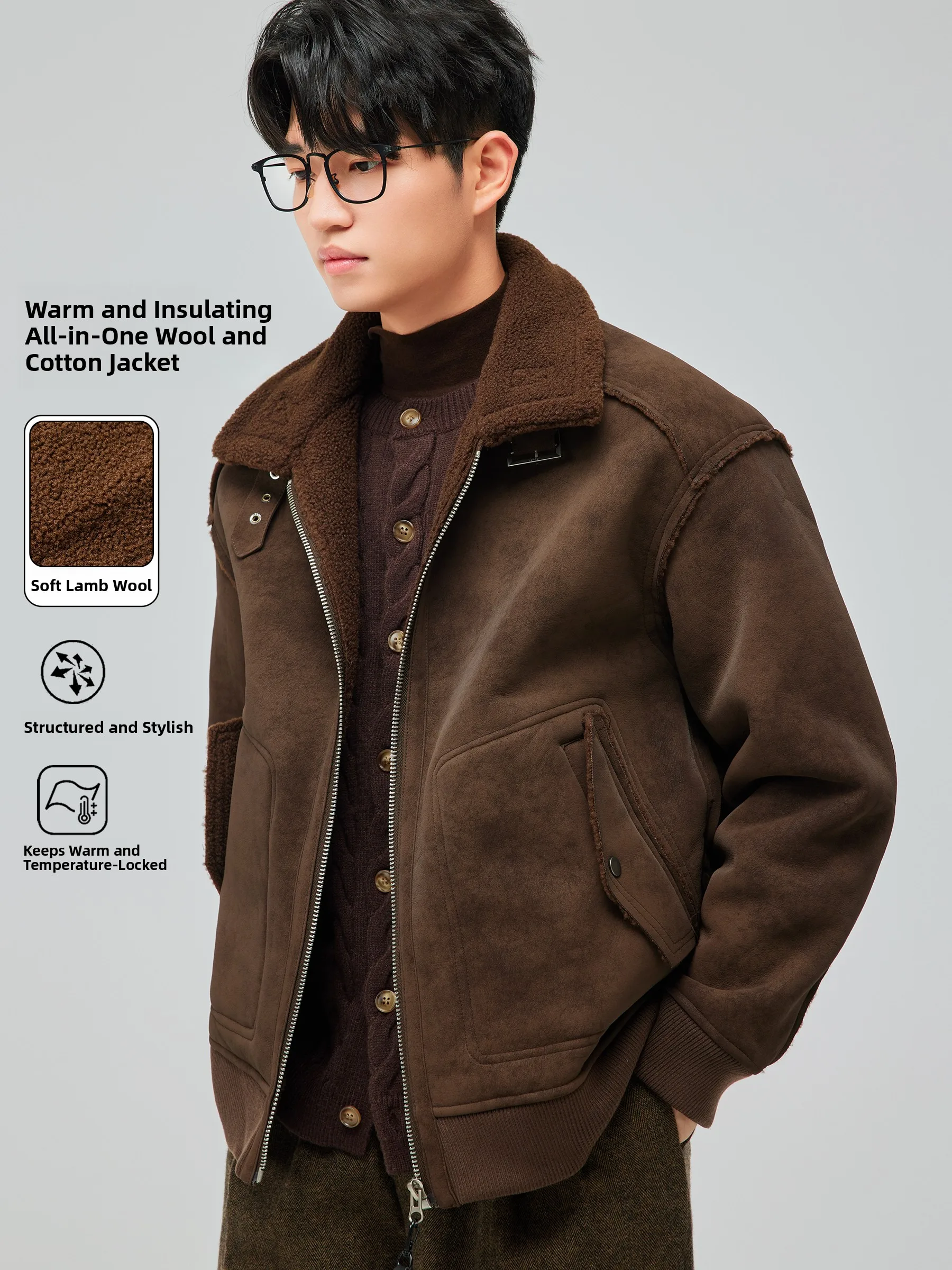 

NINPURE Men's Thiened Lamb Fur Jaet Collar Zipper Closure Cotton Workwear Warm Outerwear Polyester Fiber Long Sve Coat