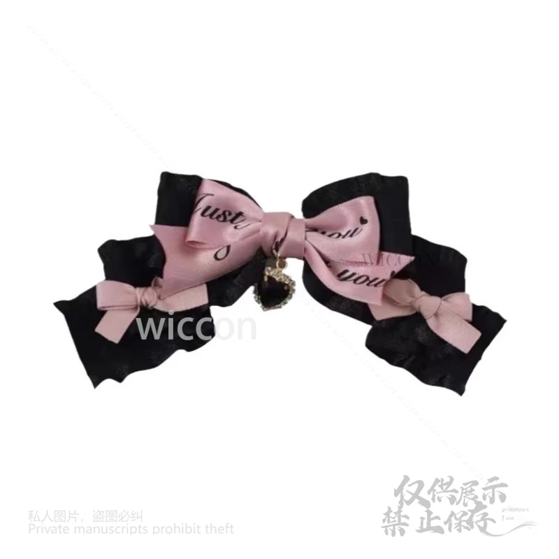 Y2K Jirai Kei لوليتا اليابانية اكسسوارات أسود وردي القوس مشبك شعر الحلو لوليتا اليدوية الدعامة الإناث أغطية الرأس تأثيري حلي