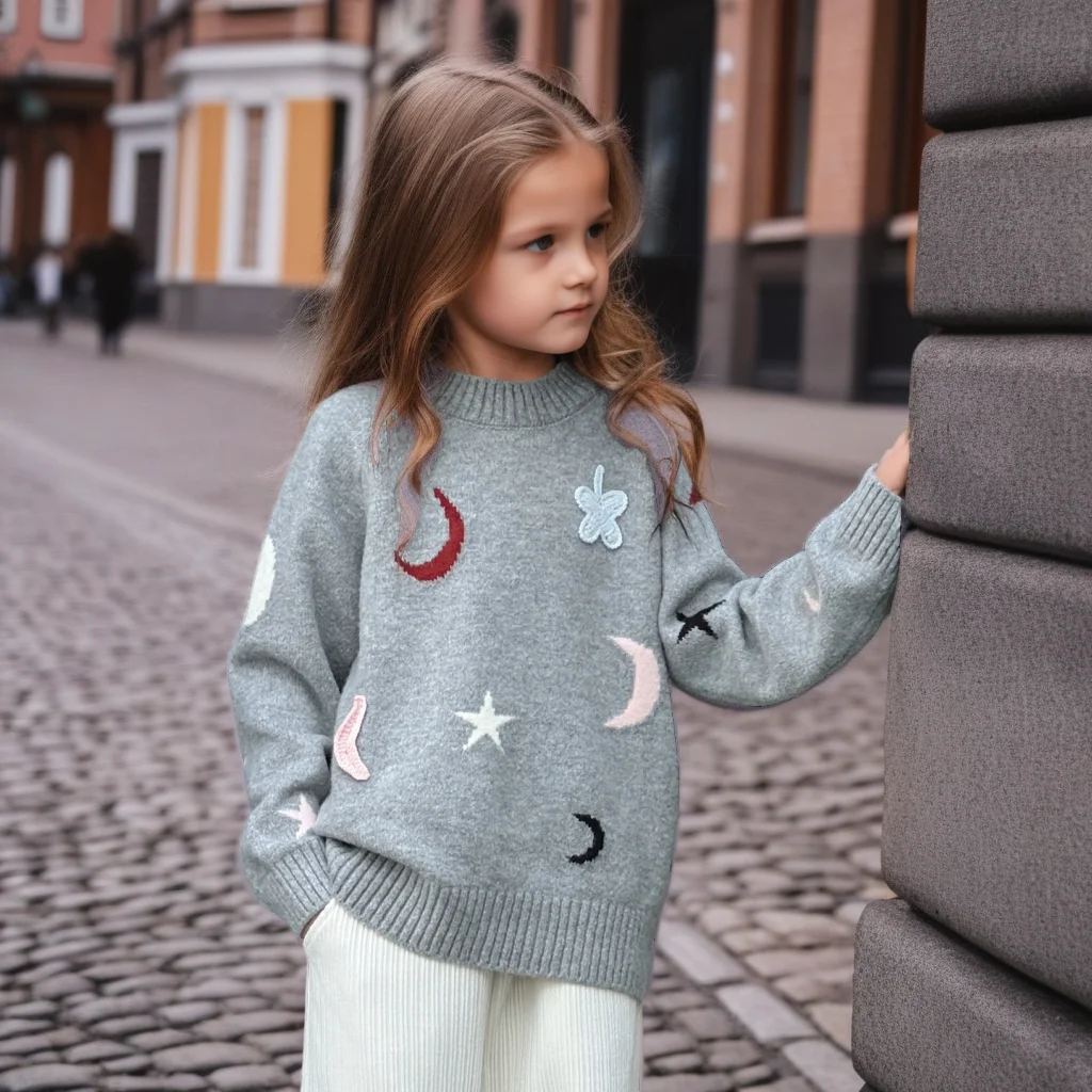

Cute Moon Star Sweater for Girls Warm Winter Knit Top Thickened Teens Kids Clothes Grey Casual Versatile Pullover 10 12 Years