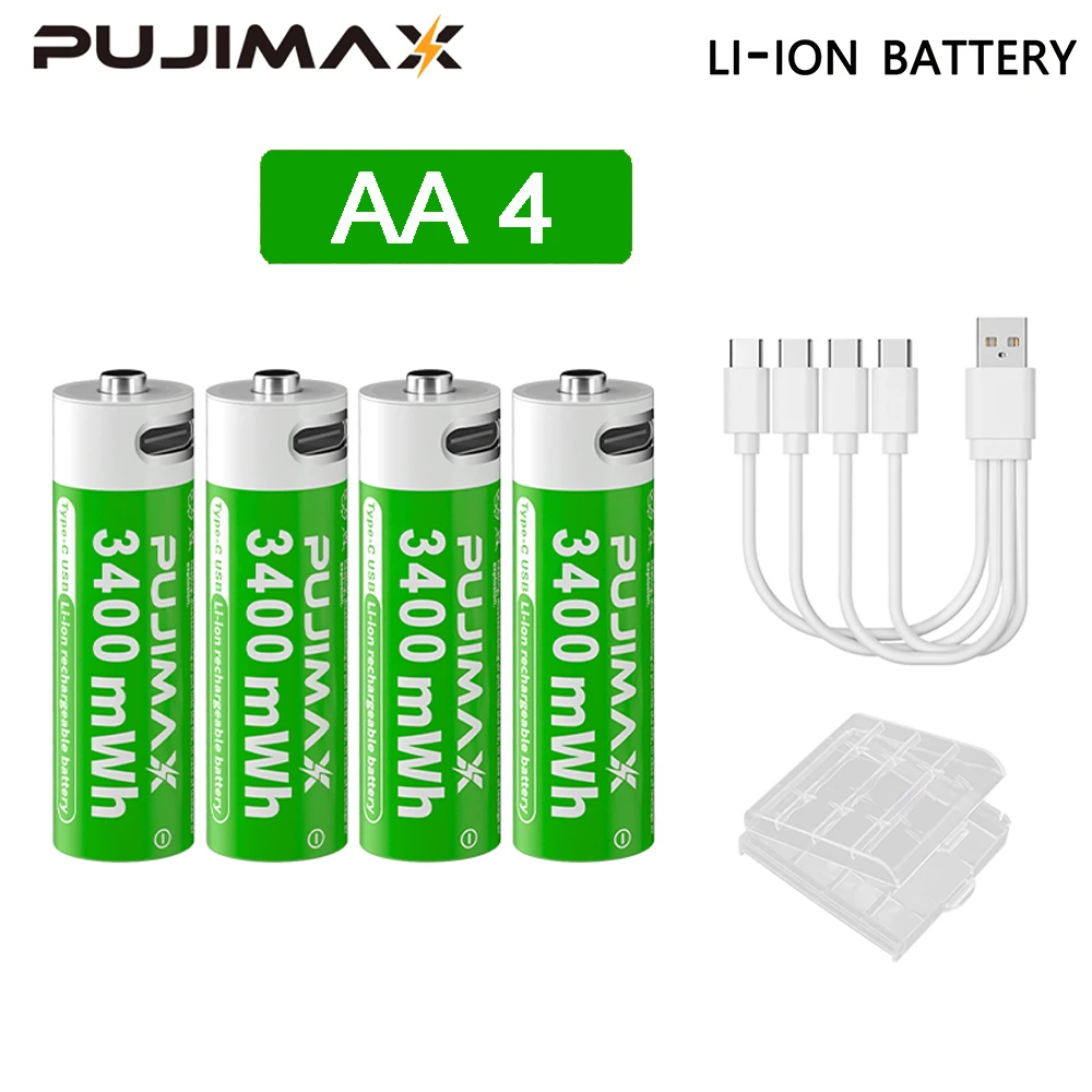 PUJIMAX 1,5 V AAA/AA 3400 mWh 1100 mWh oplaadbare batterij USB Type-C oplaadbare Li-ion batterij voor afstandsbediening elektrisch speelgoed
