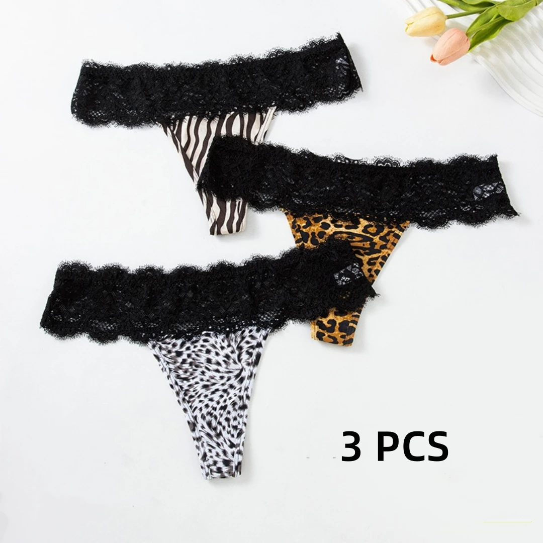 Waistband Feel Lingerie Stretchy Quick-Drying And Breathable Silk Thong Underwear For 3 PCS Girls With Ice Leopard Print Lace Wa